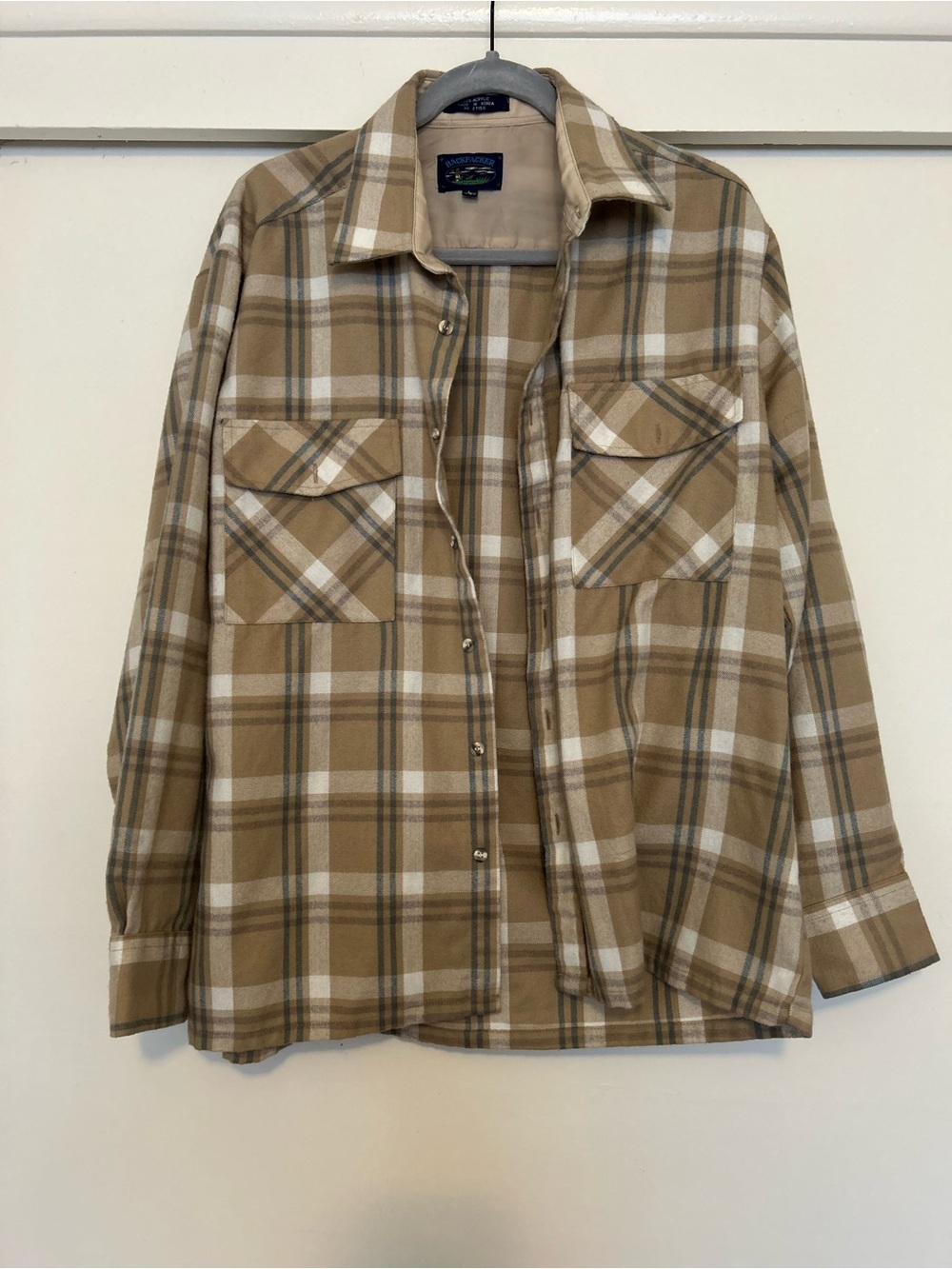 Backpacker Embroidered Label Button-Up Shirt in Beige and Brown